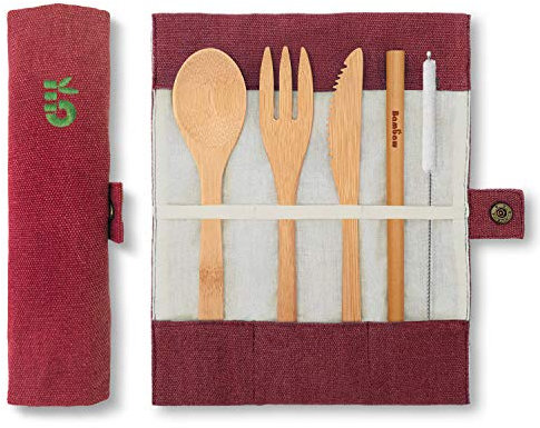 Cubierto de bambú | Cubiertos madera ecológicos |Utensilios madera | Set para picnic | Set cubiertos para camping | Cucharada, tenedor, cuchillo, pajita | 20 cm | Tinto |Bambaw