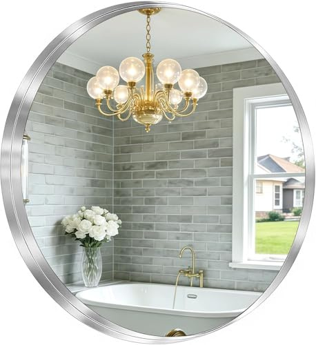 KAASUNES Runder Spiegel, 76 cm, modern, gebürstetes Silber, zur Wandmontage, Glasscheibe, tiefes Design, Edelstahlrahmen, für Badezimmer, Waschtisch, Eingangsbereich, Wohnzimmer