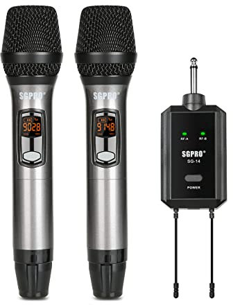 SGPRO Kabellose schnurlose Mikrofone mit wiederaufladbarem Empfänger, AA-batteriebetriebenes schnurloses Mikrofon-Set mit Lautsprechern und Mischpult als tragbares Sing- und Sprechmikrofon