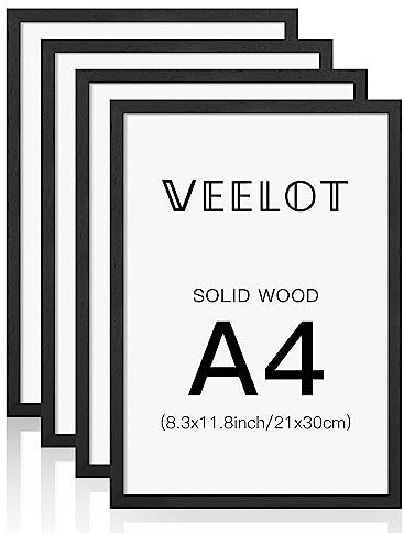 Veelot A4 Fotorahmen schwarz Massivholz Fotorahmen 4er Set mit HD Ple-xiglas für Galerie Urkunde Dokument Heimdekoration (21x30cm)