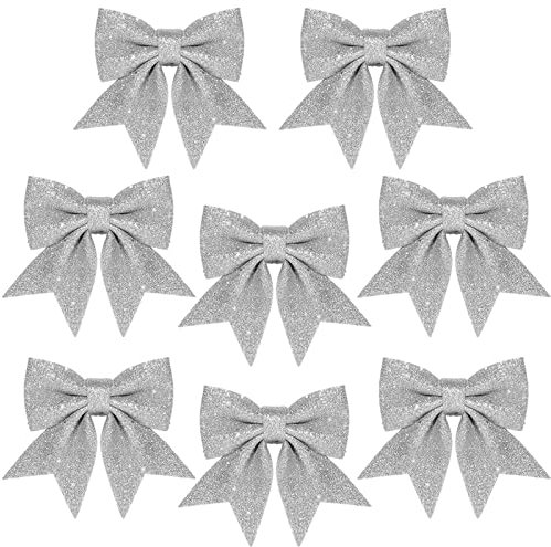 HONGCI 8 Pack Silver Bows for Christmas Tree,5.5 Inch Glitter Wreaths Bows Christmas Bows for Tree Decorations,Xmas Tree Bows,Sequin Bows Ties Ornaments for Christmas Tree,Wreaths,Garland Decorations