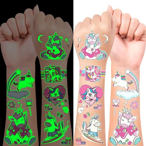 LEADTEAM Einhorn Geschenke für Mädchen, 12 Blätter Tattoo Kinder Leuchtende Kindertattoos Sticker, Spielzeug Geburtstagsdeko Mitgebsel Kindergeburtstag Deko Einschulung Geschenk