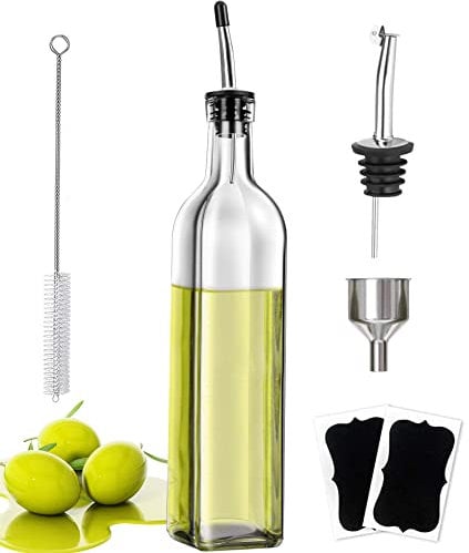 Olive Oil Bottle Glass Oil Dispenser 500ML,Come With a Replacement Grease Nipple, Dispensing Funnel, Small Brush and Two Name Stickers,Clear Borosilicate Oil Bottle for Kitchen, Cooking Oil Container
