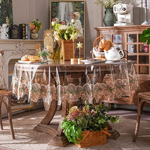 SUTAVIA Clear Vinyl PVC Tablecloth with Rose Lace Transparent Table Protector Environmental Plastic Waterproof Oil-Proof for Dining Table Indoor Outdoor Party (Champagne Rose, 60 Round)