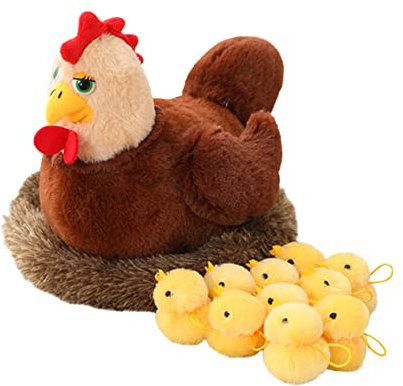 JAWSEU Kuscheltier Henne, Kawaii Henne Plush Stofftier Huhn mit Babyküken Plüsch Stofftier Spielzeug, Küken Spielzeug Realistisch Kleine Weiche Bauernhof Plüschtier