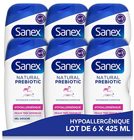 SANEX - Natural Prebiotic Hypoallergénique Gel Douche - Peau Très Sensible - Hydratation 12h - Complexe Prébiotique & Postbiotique - Testé Sous Contrôle Dermatologique - Sans Sulfate* - 425mL x6