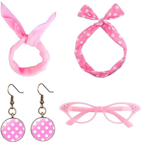KANOSON Rockabilly Accessoires Damen Rosa, 50er Jahre Kleider Damen Accessoires, Rockabilly Haarschmuck Polka Dot Ohrringe Katzenaugen Chiffon Schal für 50er Jahre Mottoparty
