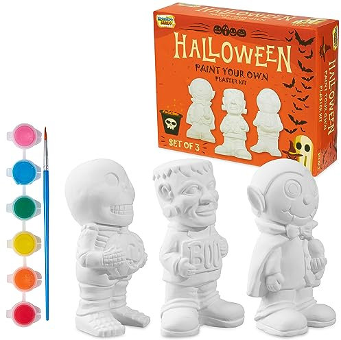 KreativeKraft Kids Painting Set - Halloween Decorations - Fun Arts and Crafts for Family - Sugar Skull, Witch, Frankenstein, Dracula - Paint Your Own Sets (Set of 3)
