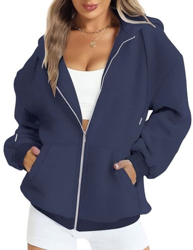 FANCYINN Donna Zip Up Hoodies Casual Coulisse Felpe Oversize Pile Vintage Giacca a Maniche Lunghe con Tasche Blu Scuro L