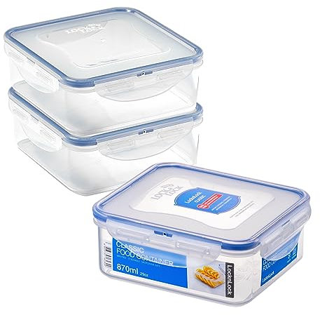 LocknLock Square Food Containers with Lids Set of 3 - Plastic Airtight & Watertight Food Storage Containers, BPA Free & Dishwasher Safe, 3 x 870ml