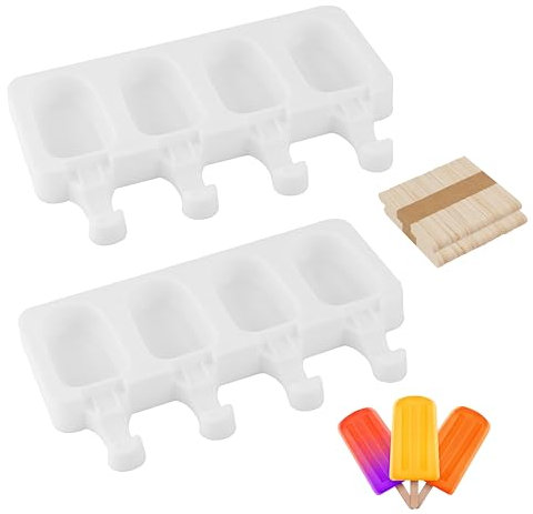 Juego de 2 moldes para helados, 8 cavidades, moldes para helados de agua, moldes para helados, moldes para tartas de bricolaje, con 100 varillas de madera para postres