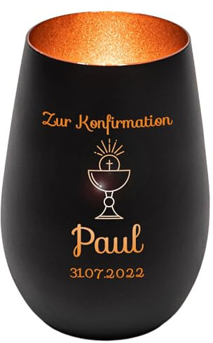 Windlicht mit Gravur zur Konfirmation | Schwarz/Bronze | Motiv Kelch | Geschenk zur Konfirmation Junge Mädchen | Tischdeko und Konfirmationsgeschenk personalisiert | Teelichtglas