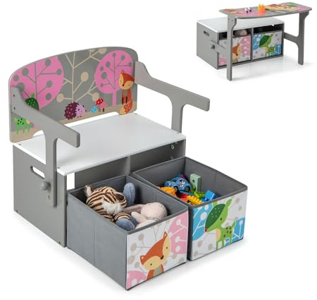 LIFEZEAL 3 en 1 Banc de Rangement avec 2 Tiroirs, Coffre à Jouets en Bois, Ensemble Table avec Tabouret pour Enfants 3-7 Ans, Siège avec Charge de 60 kg, Plateau avec Charge de 10 kg (Gris)