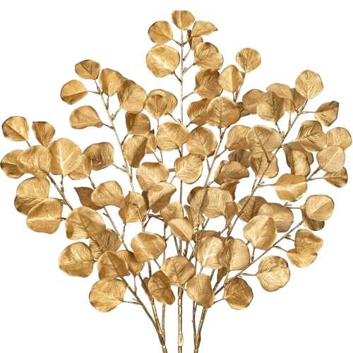 3er-Set Gold Künstliche Eukalyptus Pflanzen, Kunstpflanze Kunstzweig Weihnachten Deko Trockenblumen Dekoration für Heimdekoration, Weihnachtsbaum Neujahr Ornamente, Feiertags-Esstischdekoration
