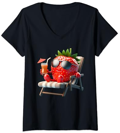 Damen Lustig Erdbeere sonnenbrille Sommer Urlaub T-Shirt mit V-Ausschnitt