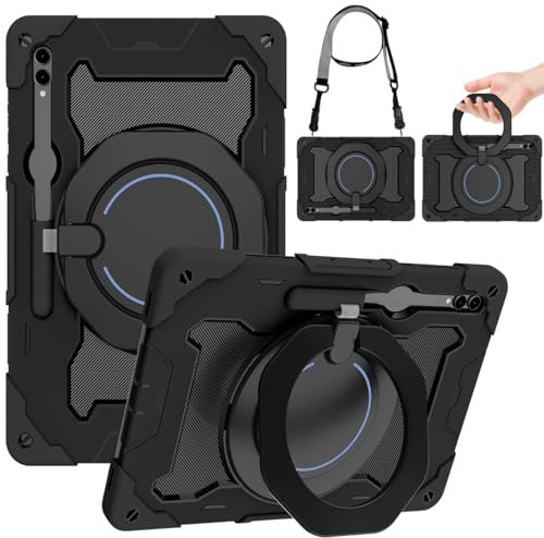 for Samsung Galaxy Tab S10 Ultra / S9 Ultra/Tab S8 Ultra (14.6”) Shockproof Tablet Case, 360 Rotation [Kickstand/Handle] Case with [Shoulder Strap] and [S Pen Holder] + Screen Protector - Black