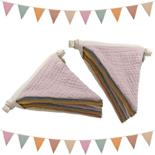 Wimpelkette Kinderzimmer Deko, 2 Stück Wimpelkette Kinderzimmer Wimpelkette Outdoor Beidseitig Bunte Wimpelkette Stoffgirlande Musselinstoff Girlande für Hausbett, Babybett, Kinderbett, Wanddeko