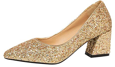 Escarpins d'automne étincelants et brillants à bout pointu à bout fermé avec semelle souple antidérapante - Version large - Chaussures habillées à talon moyen, doré, 37.5 EU