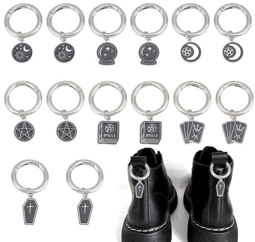 GOMAKERER 14 Stück Stiefel Schuh Anhänger Mit Wahrsagerei Motiv Und Feder O Ringen Tarot Sarg Pentagramm Schnalle Schuhanhänger Accessoire Emaille Legierung Schuhanhänger Für Stiefel Tasche Geldbörse