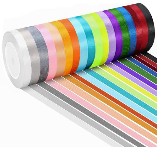 Farerkass 18 Pcs Nastri Colorati, 18 Colori Nastro di Raso in Poliestere, 10 mm x 22 m Nastro Regalo per Artigianato, Natale, Decorazioni, Confezionare Regali, Feste Compleanno