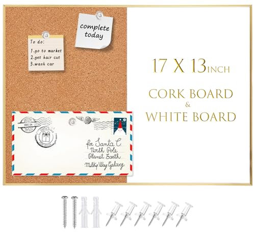 Okydoky Tableau combiné en liège/effaçable à sec, tableau blanc et tableau en liège magnétique effaçable à sec, cadre en aluminium doré, tableau blanc et tableau en liège (ZHBB-Gold-3343)