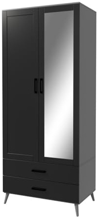 URBNLIVING 180cm Tall Grey Freestanding Mirror Wardrobe with White 2 Door 2 Drawer Modern Shelf Clothes Storage Cupboards Unit for Bedroom Hanging Rail with Wooden legs