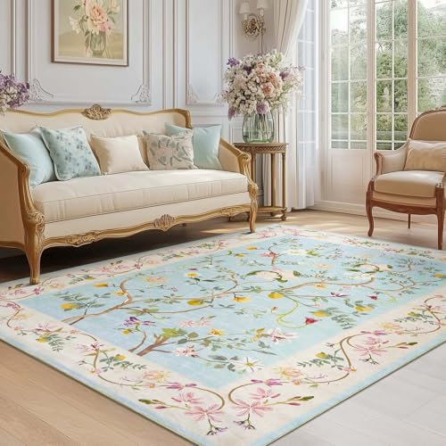 TOPICK Blumen Teppich Wohnzimmer Waschbar Kurzflor Retro Teppich 120x180cm Blau auf Rosa Orientalischer Antibakterieller Faltbar Weich rutschfest Schlafzimmer Kinderzimmer Flur Badezimmer