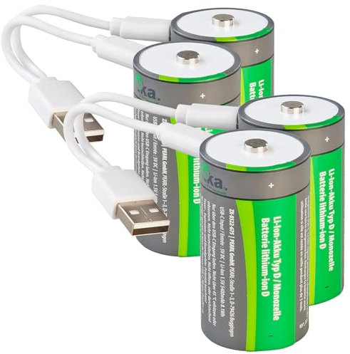 tka Köbele Akkutechnik USB-Akku Typ D: 4er-Set Li-Ion-Akkus Typ D mit USB-C, 5.400 mAh, 8.100 mWh, 1,5 V (Accu, USB-Batterien, Taschenlampe)