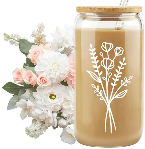 BelleVive Tazas de Vidrio adorables con Tapa y Pajita, Vaso estético para café Helado, Vaso Floral, Vaso Personalizado con Pajita, Regalos de cumpleaños para Mujeres, Amigas