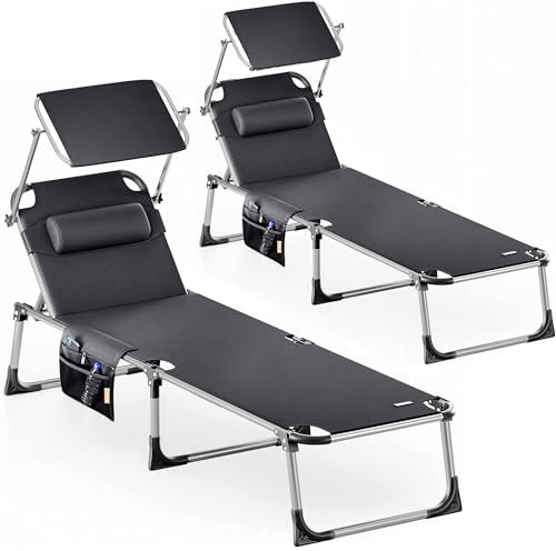 Casaria® 2er Set Sonnenliege Klappbar Wetterfest Alu Gartenliege Mit Dach Kissen 180kg Belastbar 210x61cm Liegestuhl Leicht Relaxliege Pool Liege Grau