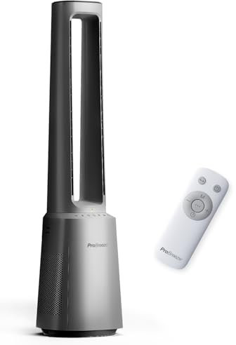 Pro Breeze - Ventilador sin rotor, 105 cm, con purificador de aire, oscila a 75°, mando a distancia, filtro HEPA 13, pantalla LED, 10 velocidades, ventilador de torre muy silencioso, 5 modos