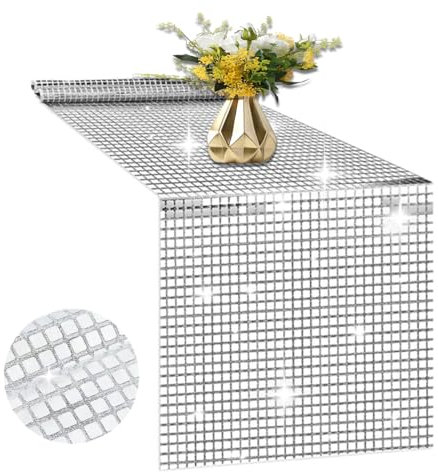 WWYSSZ Disco Deko Tischläufer, 30 X 180 cm Glitter Paillette Tischläufer, Party Silber Pailletten Tischdecke für Retro 70er 80er Jahre Discokugel Geburtstag Tanzparty, für Hochzeit, Mottoparty