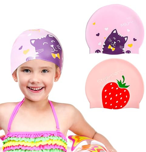 KUKUPOW Gorro de Natación para Niñas 2 Piezas, Gorro de Piscina para Pelo Largo y Corto, Silicona Gorro de Baño Impermeable Diseñado para Comodidad y Durabilidad Antideslizante de 3 a 10 Años