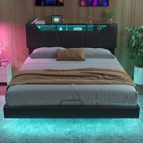 BRYXR Doppelbett 160x200 mit LED-Beleuchtung,Modernes Schwebebett mit USB-Ladefunktion und Stauraum, Verstellbare Kopfteilhöhe, Hydraulisches Funktionsbett in Schwarz, PU, ohne Matratze