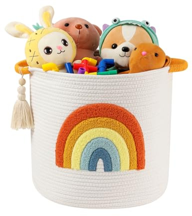 Spielzeugkörbe aus Baumwollseil, Aufbewahrungskorb Kinderzimmer, Deckenkorb Wohnzimmer, Spielzeug Organizer mit Quaste, Wäschekorb Kinder, Baby Korb Geschenk Kinderzimmer Deko Mädchen, Boho Regenbogen