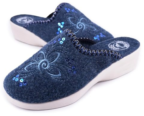 JOMIX Zapatillas de Casa Mujer de Fieltro con Bordado y Lentejuelas Pantuflas Silenciosas Calientes y Ligeras Antideslizantes con Cuña Baja Mule Señora Confort Invierno Ortopédicas ITD2531 Azul 39