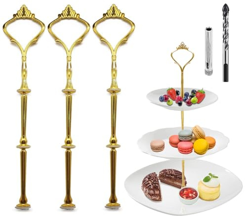 Trsnzul Etageren Stangen Set, Gold Bausatz Etagen Etageren Stäbe Etagere Bausatz Stange Metallstangen für Etagere (mit Bohrer, Krone, Gold, 3 Pack)