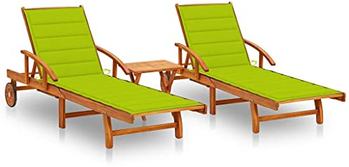 Holamys 2 Holz-Sonnenliegen mit Tisch und Auflagen, Akazien-Massivholz, verstellbar für Garten und Poolbereich
