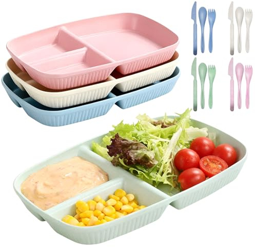 Set of 4 Divided Plates with Dividers, Divided Dinner Plate Set, 27 cm Unbreakable Tableware, Portion Control Plate, Menu Plate, Reusable for Adults, Children, Plate, Dessert Plate