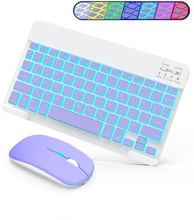 SOPPY Bluetooth Keyboard Mouse Combo, Rechargeable Backlit Mini Keyboard | 7-color backlight, 3-device switching, UK layout, ultra slim design, compatible with iPad, tablets, iOS, Android and Windows