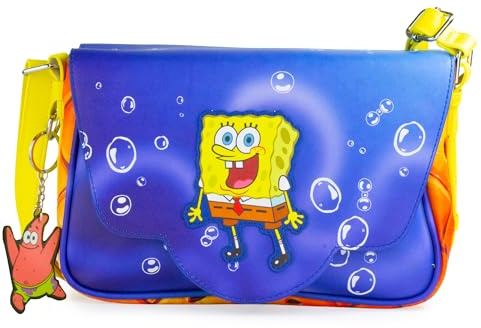 Nickelodeon Tasche, umklappbare Umhängetasche, SpongeBob Schwammkopf aufgeregte Ganzkörper-Pose-Applikation, veganes Leder