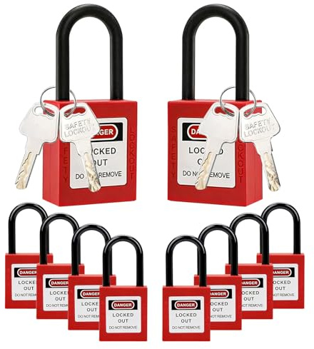 Lockout Padlock 10 Pack, Nylon Lockout Tagout Locks with 10 Keys | Red Nylon Body and Shackle with 2-Sided Labels, for Electrical, Industrial, Hydraulic and Pneumatic Lockout Use