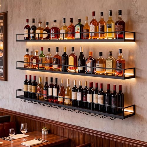 Portabotellas de Pared con Luces LED y Portavasos - Exhibidor de 3 Estantes para Vino,Estructura Metálica Resistente | Organizador Colgante Ideal para Home Bar,Cafeterías, Restaurantes (negro, 200cm)