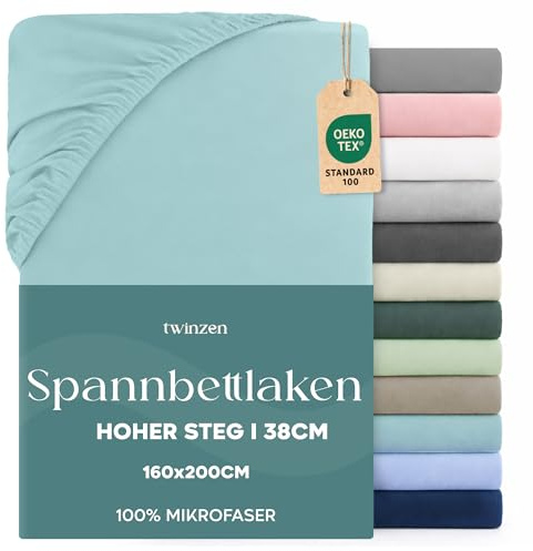 Twinzen - Spannbettlaken 160x200 cm - 100% Mikrofaser - Steghöhe 35cm | Aqua · Ultraweich · OEKO-TEX Zertifiziert · Bettwäsche 2 Personen · Für hohe Matratzen · Atmungsaktiv · Pflegeleicht