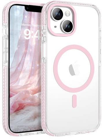 GaoBao Magnetic Phone Case for iPhone 13 & iPhone 14, Compatible with MagSafe, Slim Cute Shockproof Protective Women Girls, Anti-Slip Bumper, Anti-Yellow Transparent iPhone Case for 13/14, Clear Pink