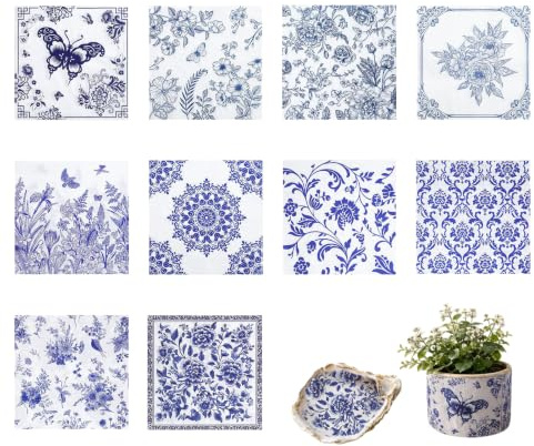 Tapufitil 30 Stück Blau‑Weiß Servietten, Blumen Motiv Servietten, Einweg‑Papierservietten 33x33cm für DIY Bastelarbeiten, Kindergeburtstag & Babyshower‑Feiern