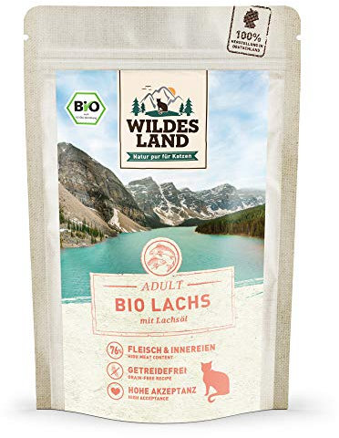 Wildes Land - Nassfutter für Katzen - Nr. 6 Lachs PUR - Bio - 12 x 85 g - Aus kontrolliertem biologischen Anbau - Getreidefrei - Extra viel Fleisch