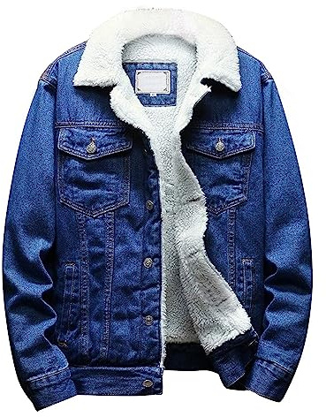 Omoone Men's Lapel Sherpa Fleece Lined Thicken Denim Jean Trucker Jacket Coats (0176-Dark Blue-L)