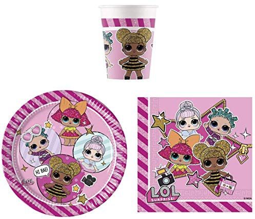 Lote de Cubiertos Infantiles L.O.L (16 Vasos, 16 Platos y 20 Servilletas) .Vajillas y Complementos. Juguetes para Fiestas de Cumpleaños, Bodas, Bautizos y Comuniones.