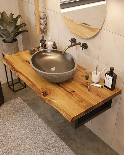 BestLoft Placa de lavabo de madera (Longitud: 150 cm/Ancho: 50-55 cm) Lavabo de madera de roble macizo de 40 mm de espesor, tablero de árbol, lugares de lavado, consola de lavabo rústica, placa de